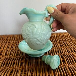 Vintage Avon Blue Green Swirl Mini Glass Pitcher With Stopper and Basin